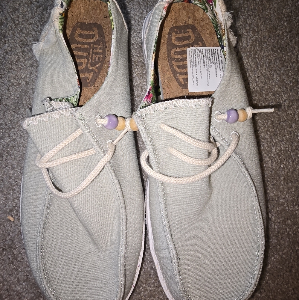 Hey Dude Women's Canvas Slip-Ons - Sage Green with Lilac Purple Accents